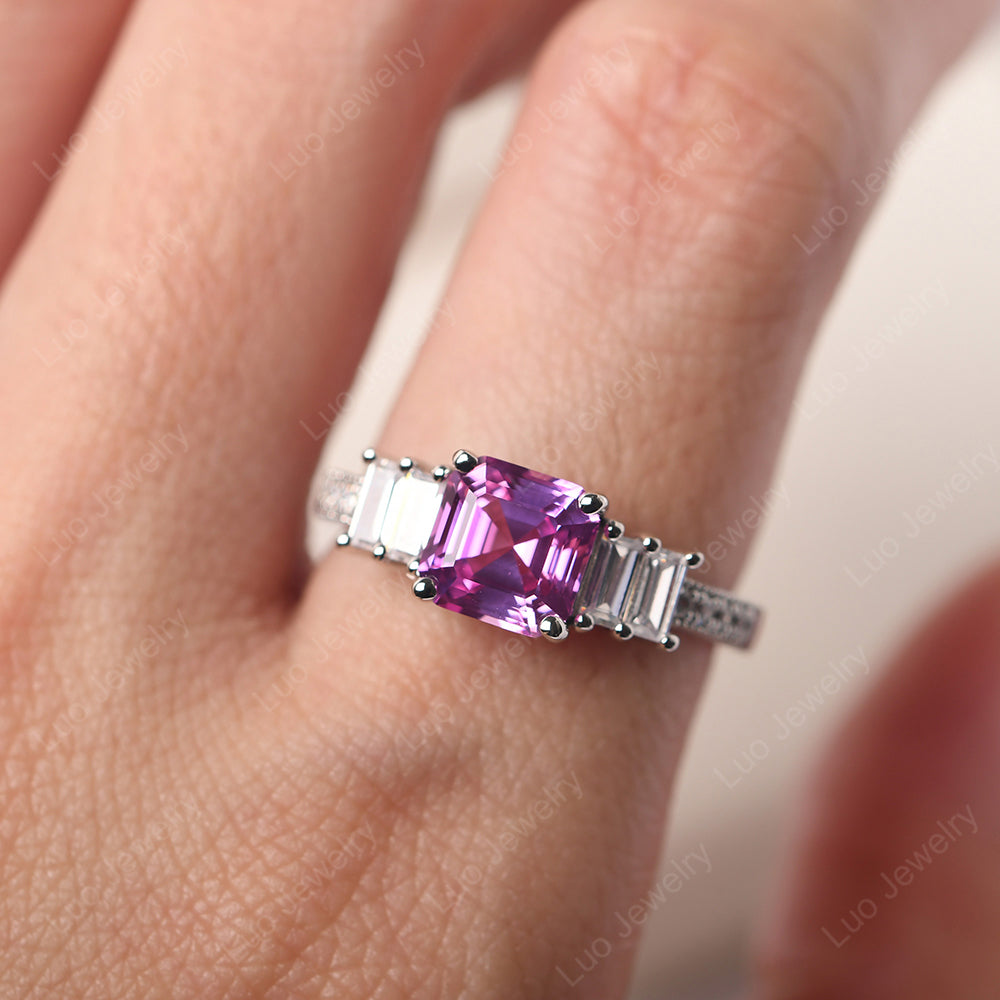 Asscher Cut Pink Sapphire Engagement Ring With Baguette - LUO Jewelry