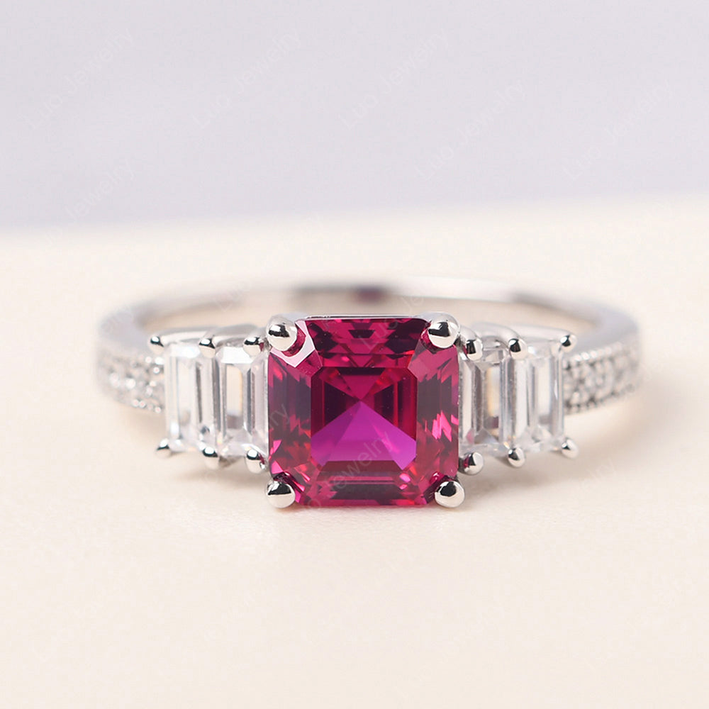 Asscher Cut Ruby Engagement Ring With Baguette - LUO Jewelry