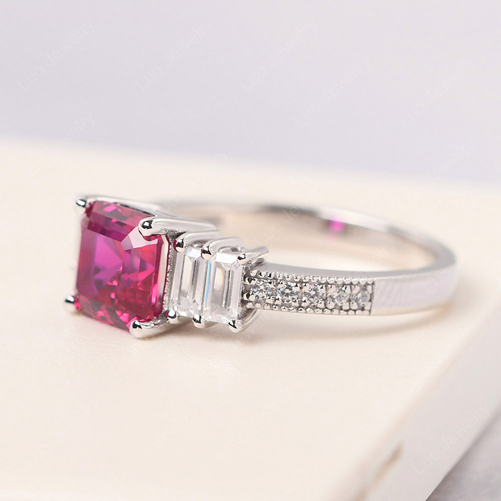 Asscher Cut Ruby Engagement Ring With Baguette - LUO Jewelry