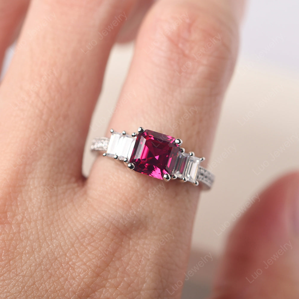 Asscher Cut Ruby Engagement Ring With Baguette - LUO Jewelry