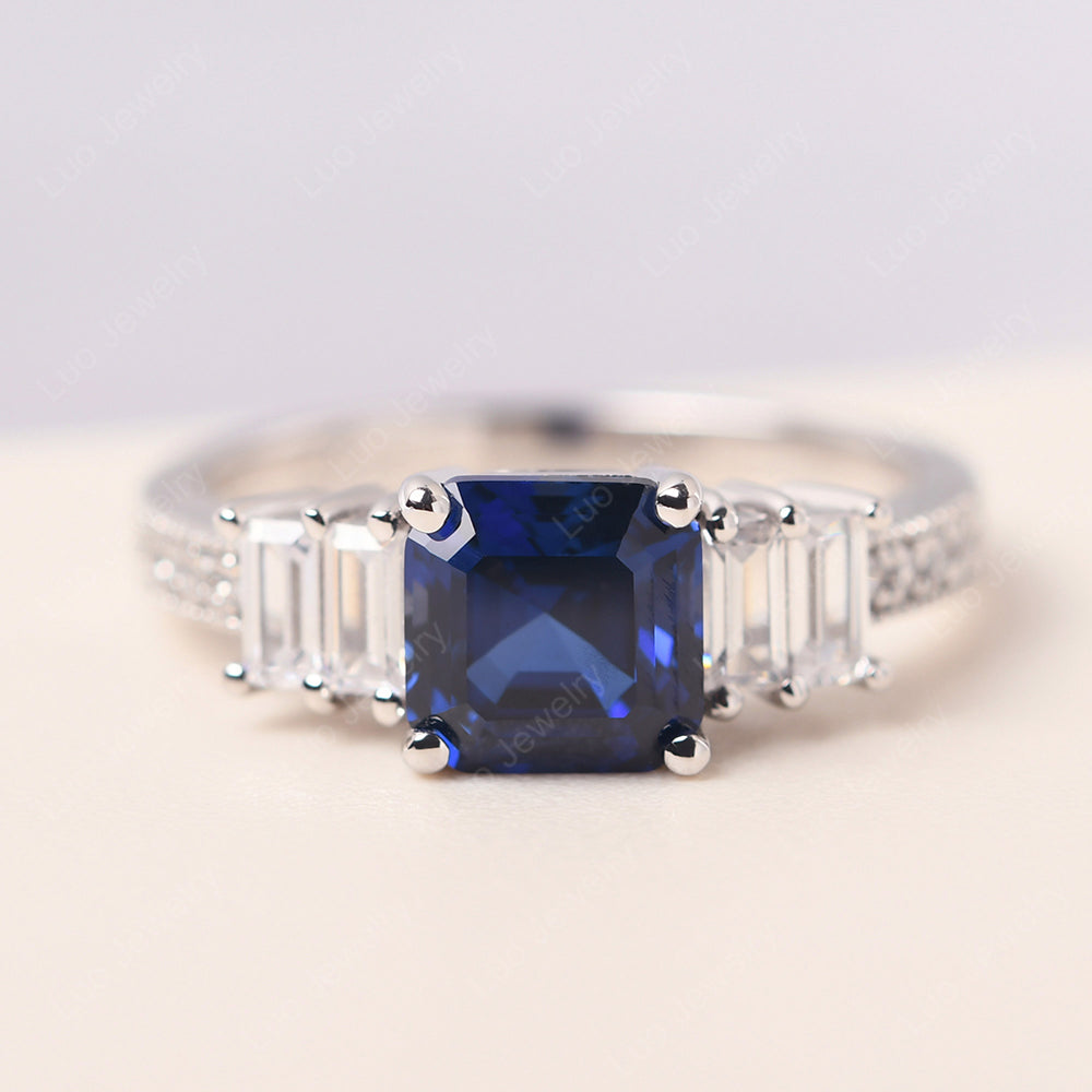 Asscher Cut Lab Sapphire Engagement Ring With Baguette - LUO Jewelry