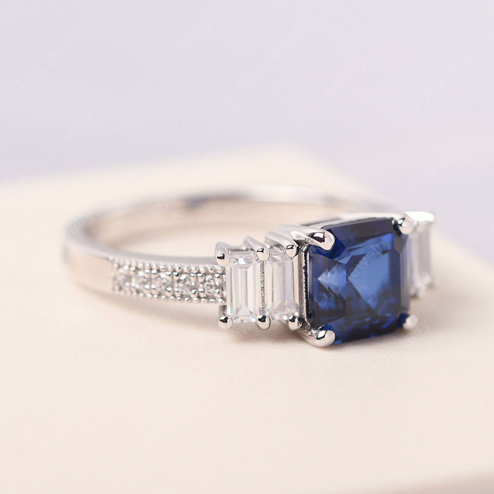 Asscher Cut Lab Sapphire Engagement Ring With Baguette - LUO Jewelry