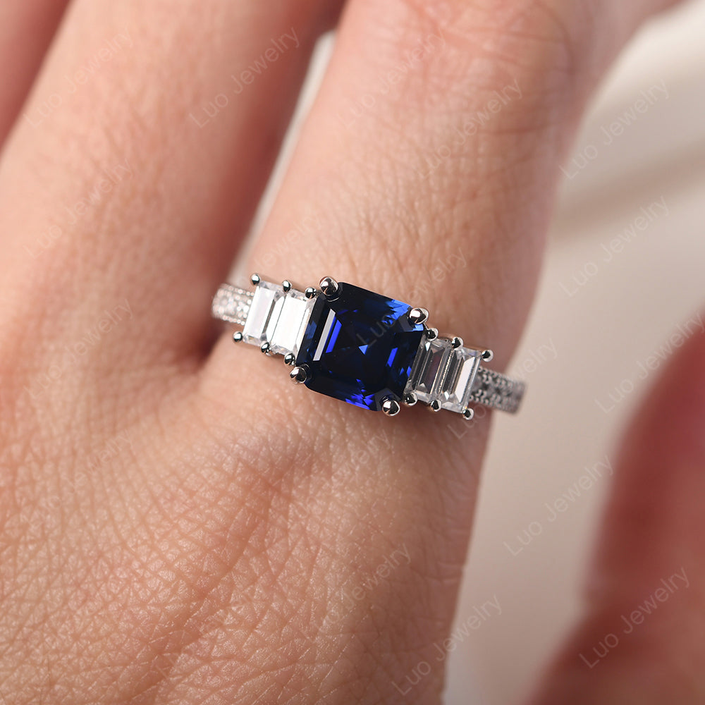 Asscher Cut Lab Sapphire Engagement Ring With Baguette - LUO Jewelry