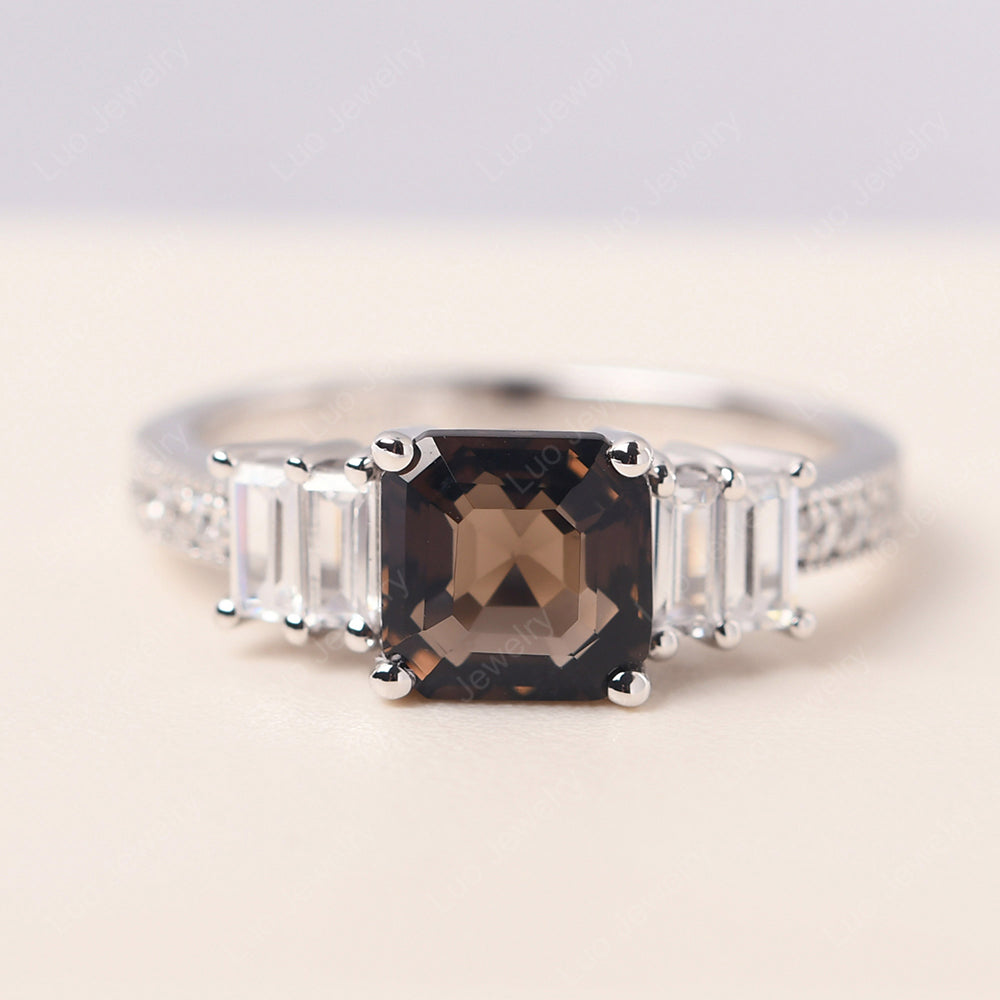 Asscher Cut Smoky Quartz  Engagement Ring With Baguette - LUO Jewelry