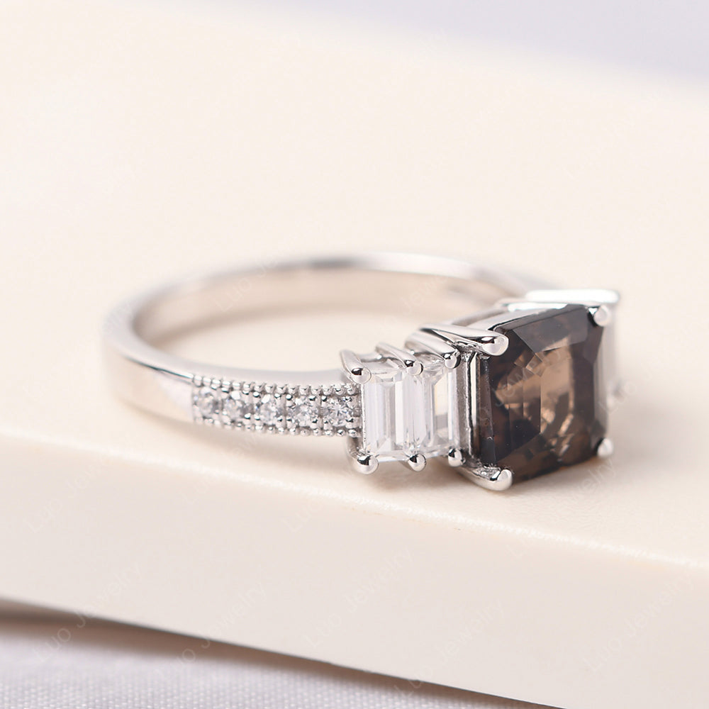 Asscher Cut Smoky Quartz  Engagement Ring With Baguette - LUO Jewelry