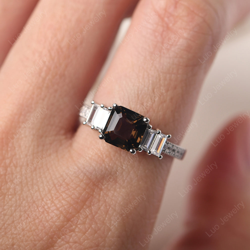 Asscher Cut Smoky Quartz  Engagement Ring With Baguette - LUO Jewelry
