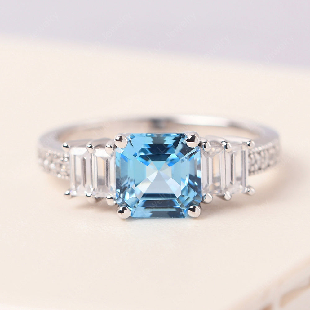 Asscher Cut Swiss Blue Topaz Engagement Ring With Baguette - LUO Jewelry