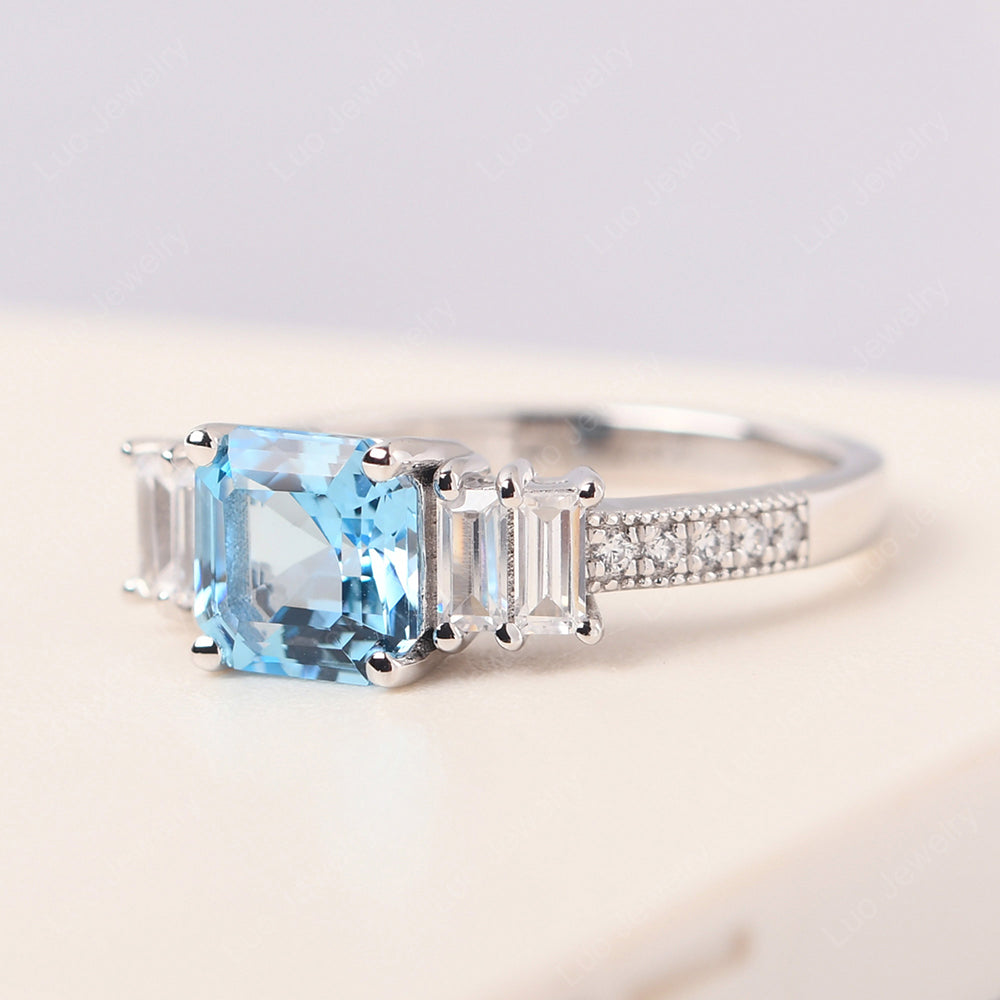 Asscher Cut Swiss Blue Topaz Engagement Ring With Baguette - LUO Jewelry