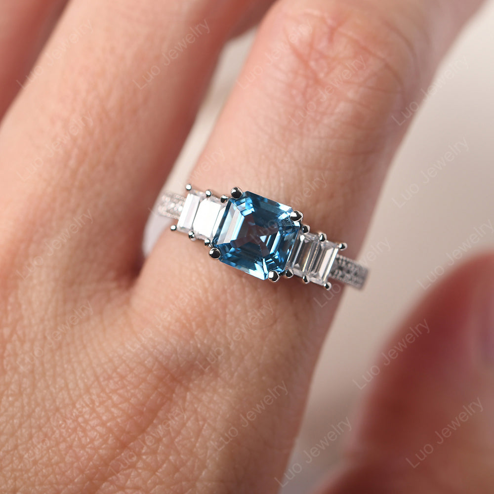 Asscher Cut Swiss Blue Topaz Engagement Ring With Baguette - LUO Jewelry