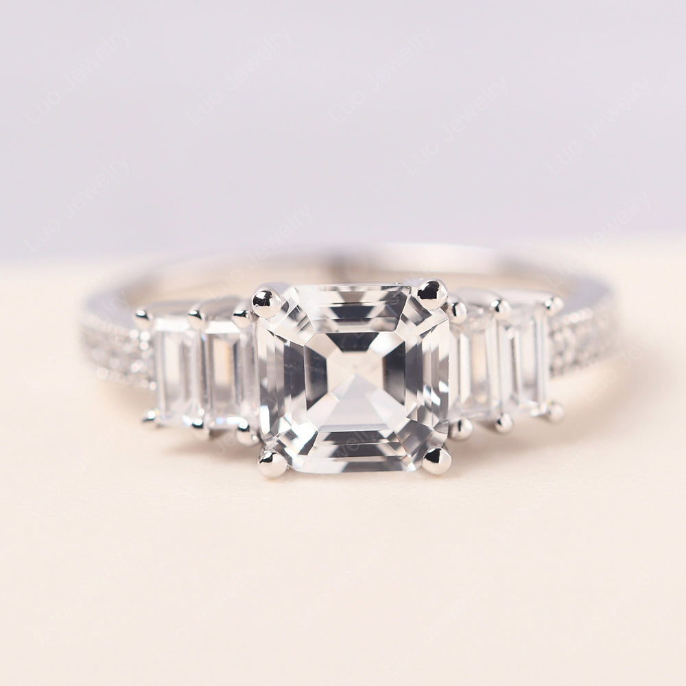 Asscher Cut White Topaz Engagement Ring With Baguette - LUO Jewelry