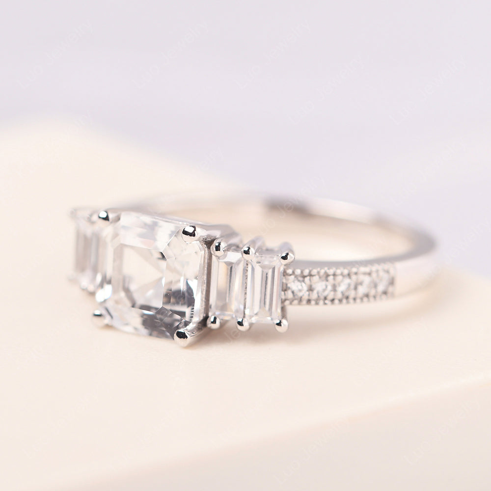 Asscher Cut White Topaz Engagement Ring With Baguette - LUO Jewelry