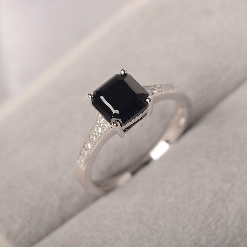 Black Spinel Ring Asscher Cut Engagement Ring - LUO Jewelry