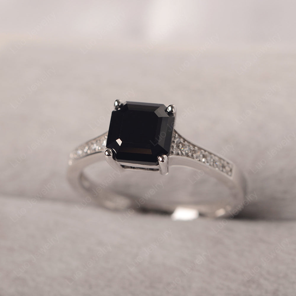 Black Spinel Ring Asscher Cut Engagement Ring - LUO Jewelry