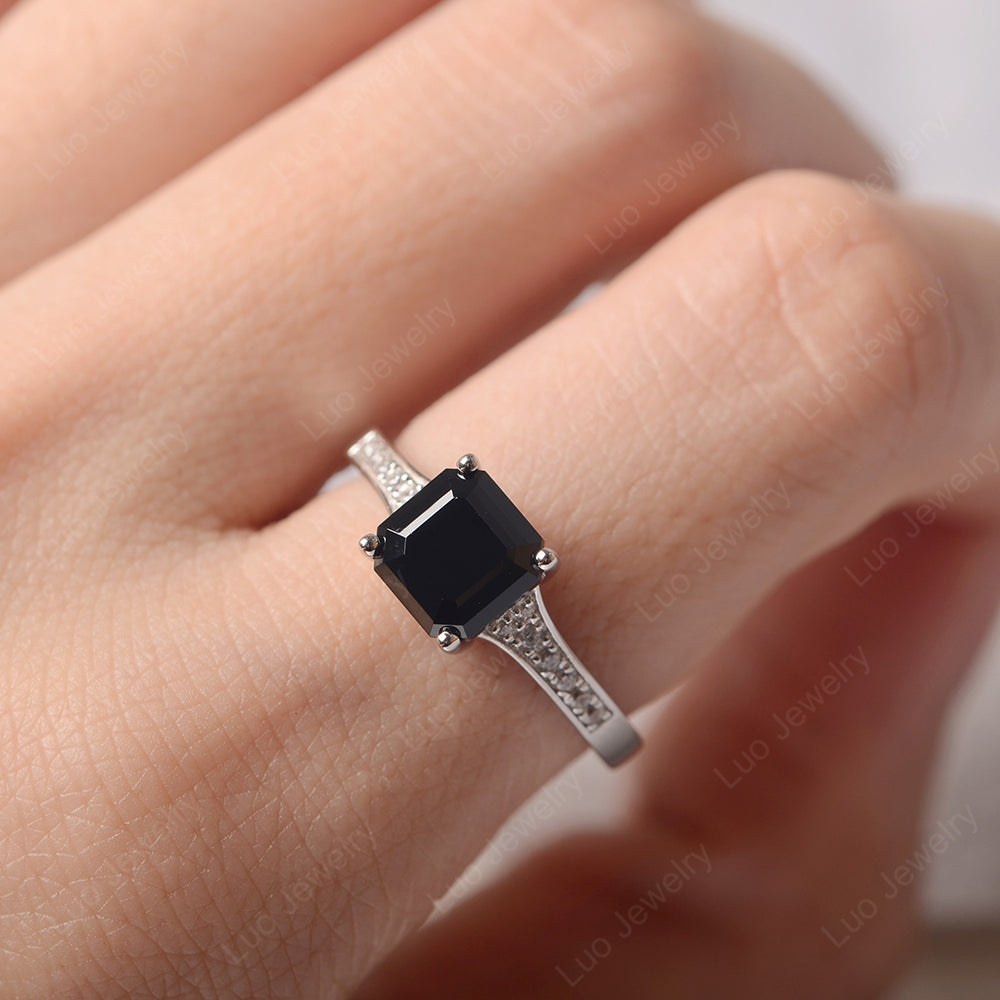 Black Spinel Ring Asscher Cut Engagement Ring - LUO Jewelry