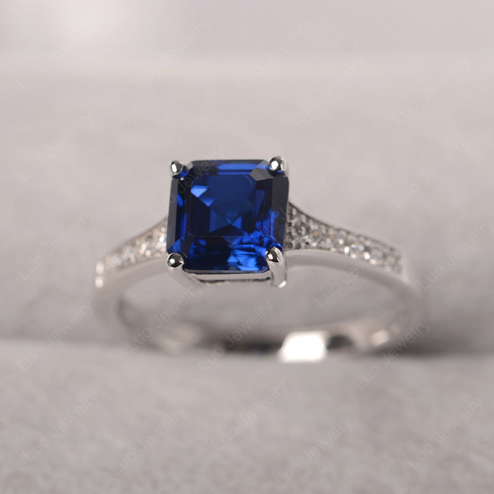 Lab Sapphire Ring Asscher Cut Engagement Ring - LUO Jewelry