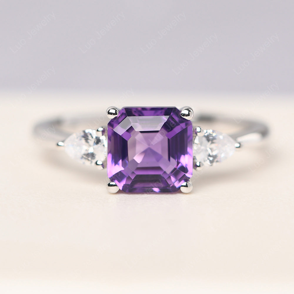 Asscher Cut Amethyst Ring With Pear Side Stone - LUO Jewelry