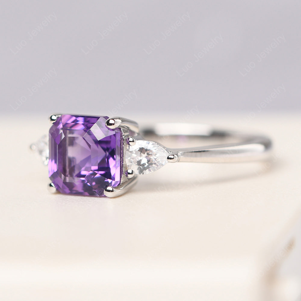 Asscher Cut Amethyst Ring With Pear Side Stone - LUO Jewelry