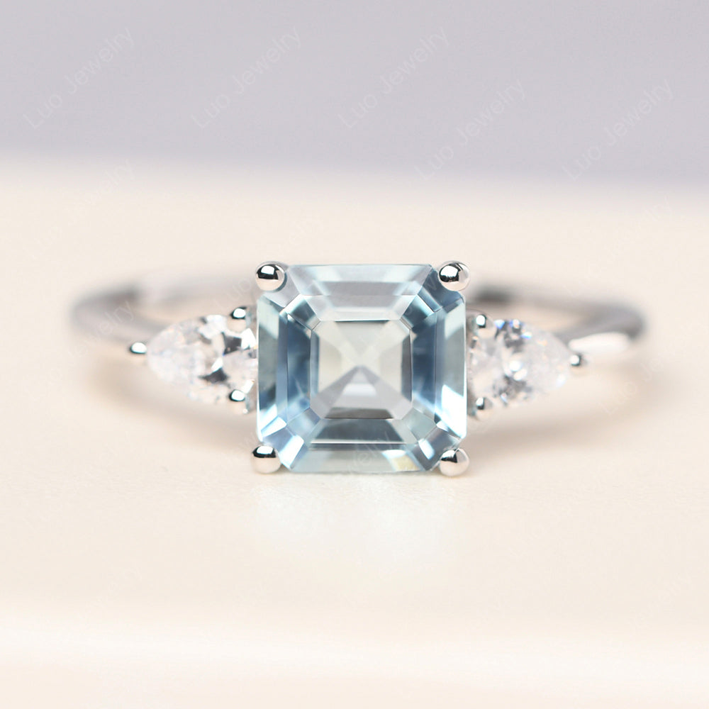 Asscher Cut Aquamarine Ring With Pear Side Stone - LUO Jewelry