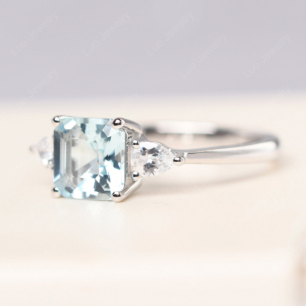 Asscher Cut Aquamarine Ring With Pear Side Stone - LUO Jewelry