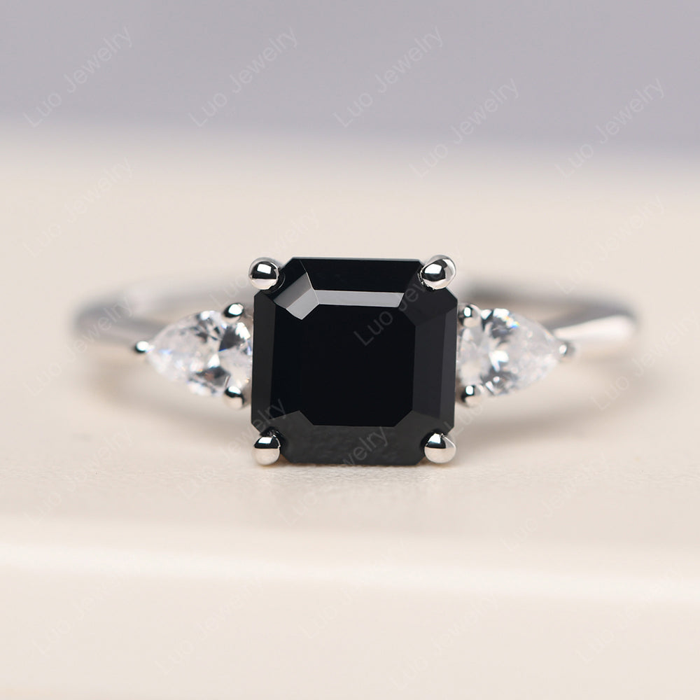 Asscher Cut Black Spinel Ring With Pear Side Stone - LUO Jewelry