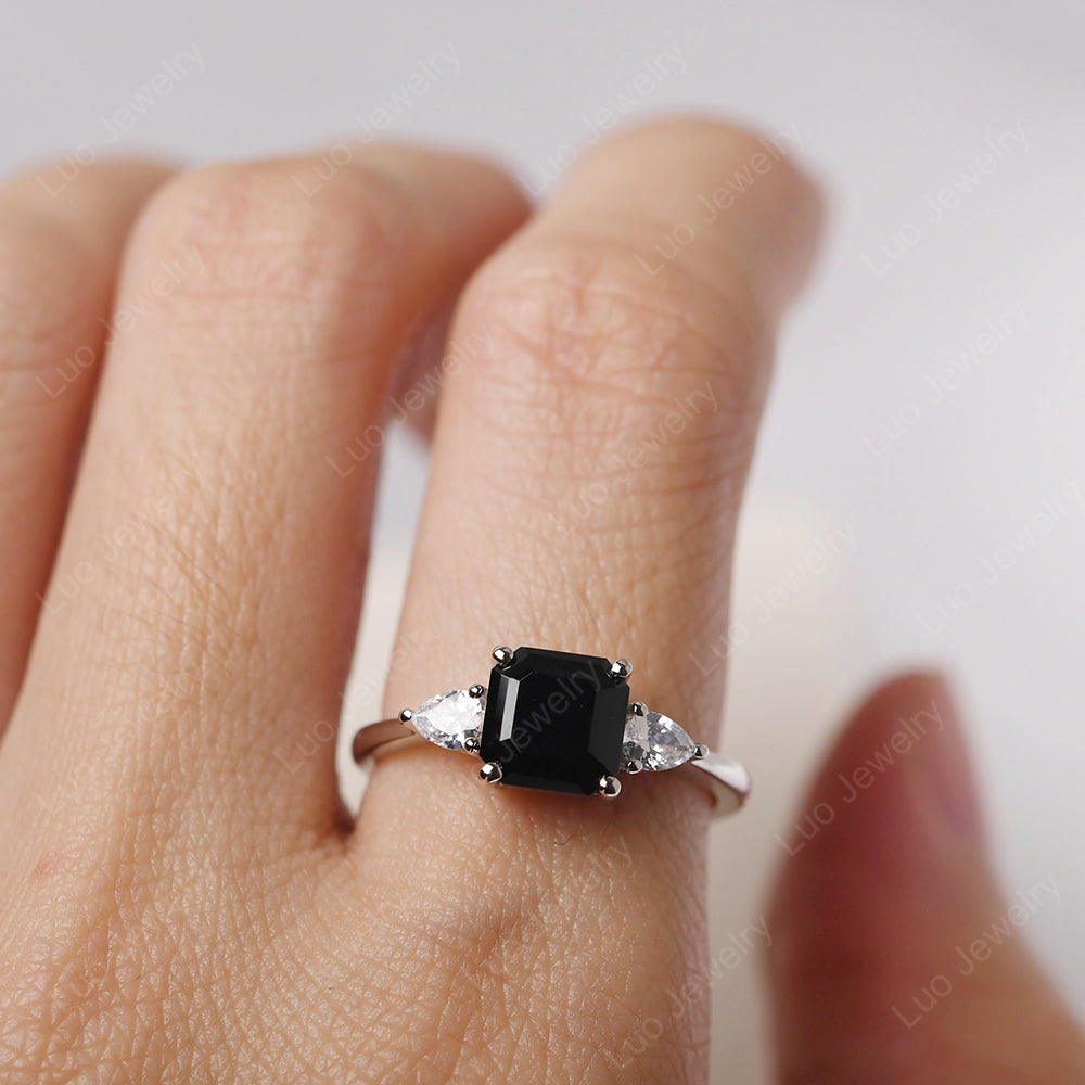Asscher Cut Black Spinel Ring With Pear Side Stone - LUO Jewelry
