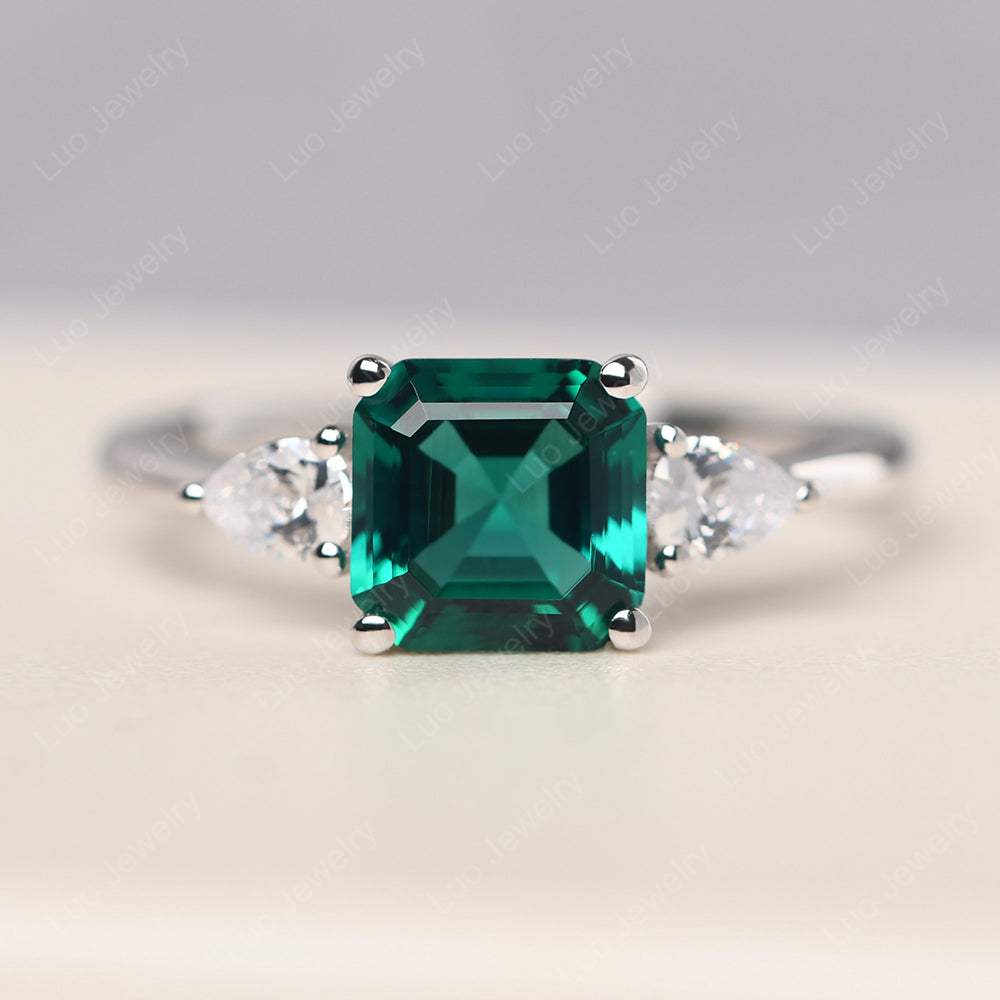 Asscher Cut Emerald Ring With Pear Side Stone - LUO Jewelry