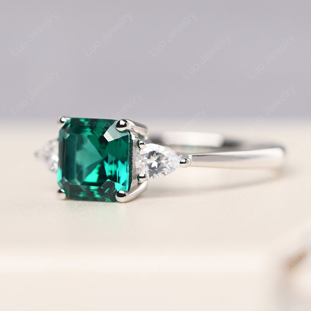 Asscher Cut Emerald Ring With Pear Side Stone - LUO Jewelry