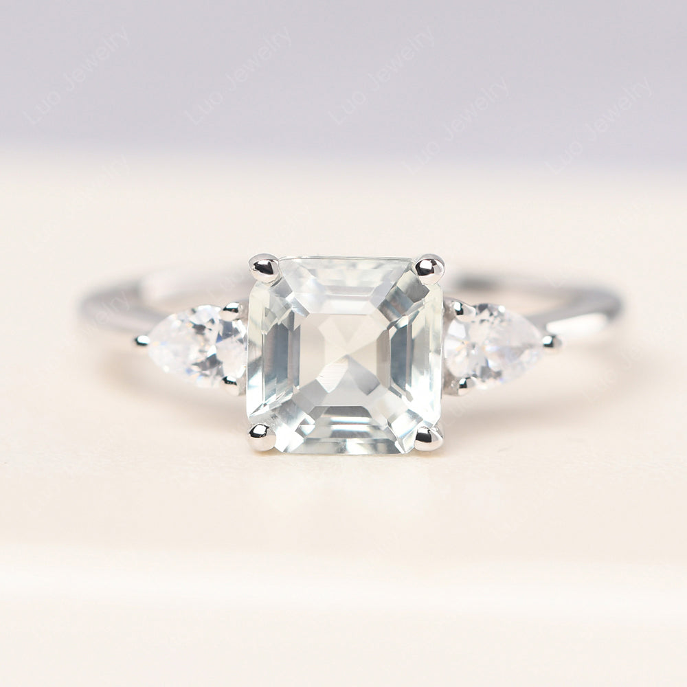 Asscher Cut Green Amethyst Ring With Pear Side Stone - LUO Jewelry