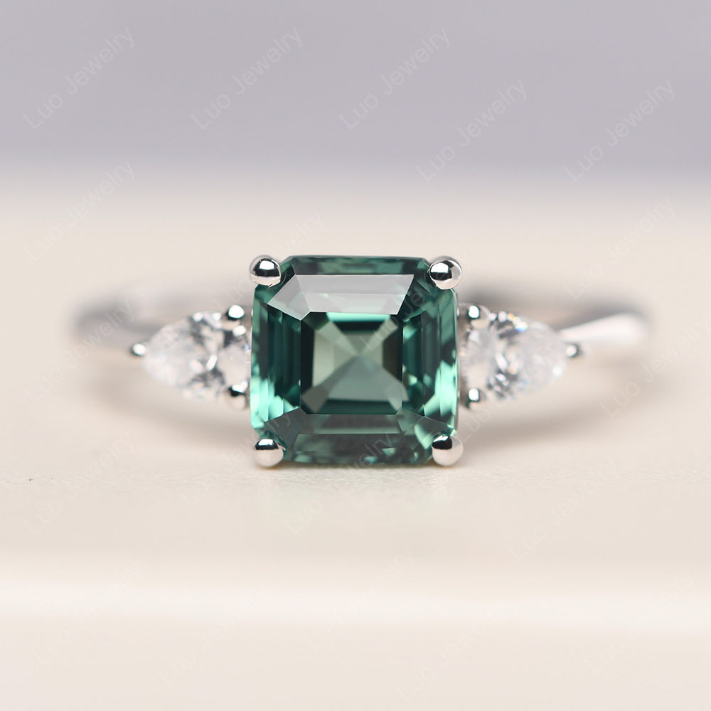 Asscher Cut Green Sapphire Ring With Pear Side Stone - LUO Jewelry