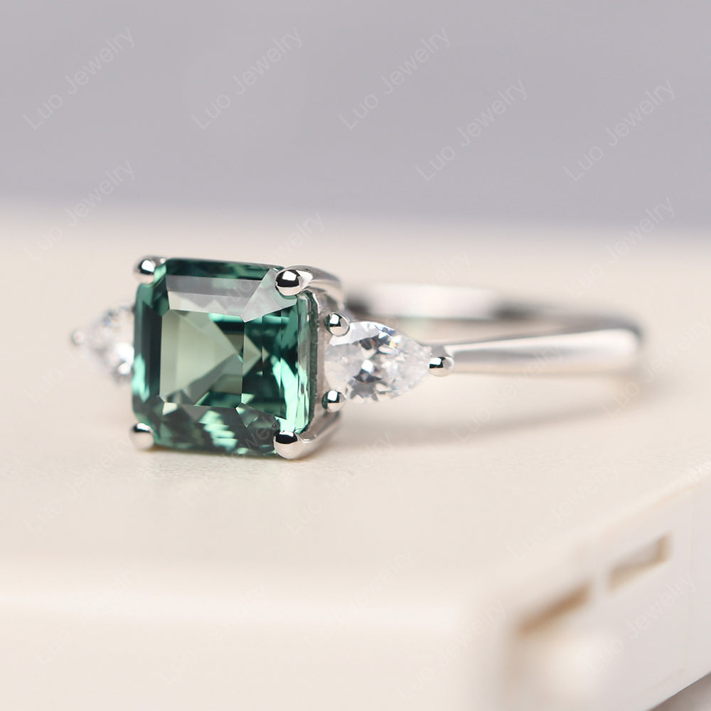 Asscher Cut Green Sapphire Ring With Pear Side Stone - LUO Jewelry