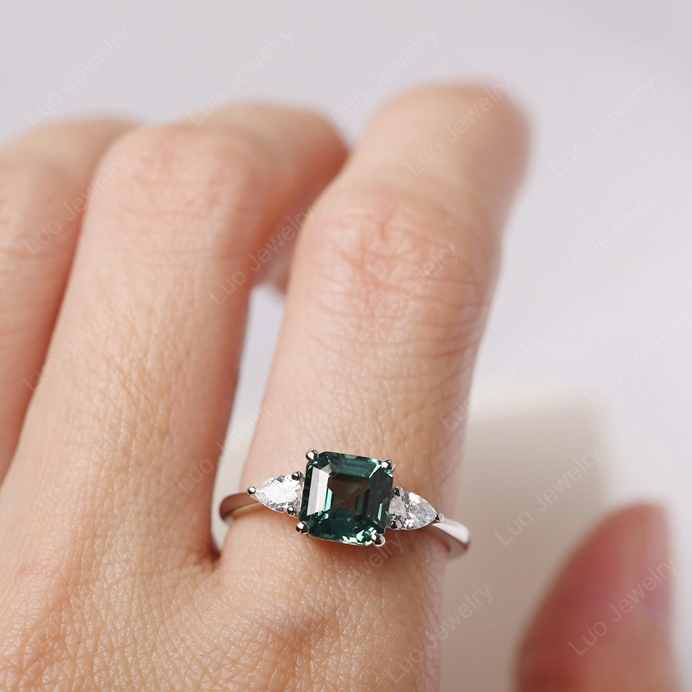 Asscher Cut Green Sapphire Ring With Pear Side Stone - LUO Jewelry