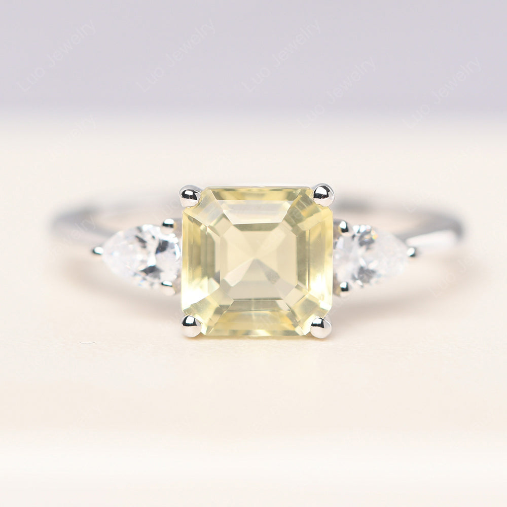 Asscher Cut Lemon Quartz Ring With Pear Side Stone - LUO Jewelry