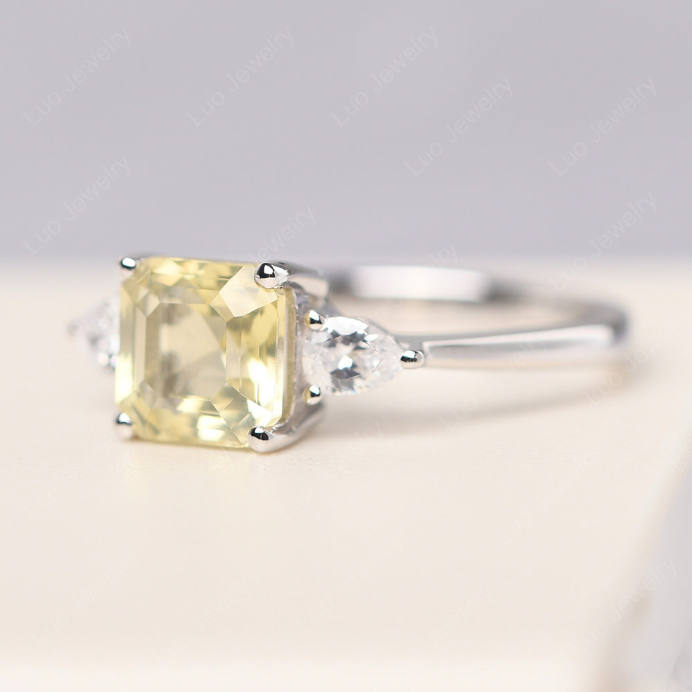 Asscher Cut Lemon Quartz Ring With Pear Side Stone - LUO Jewelry