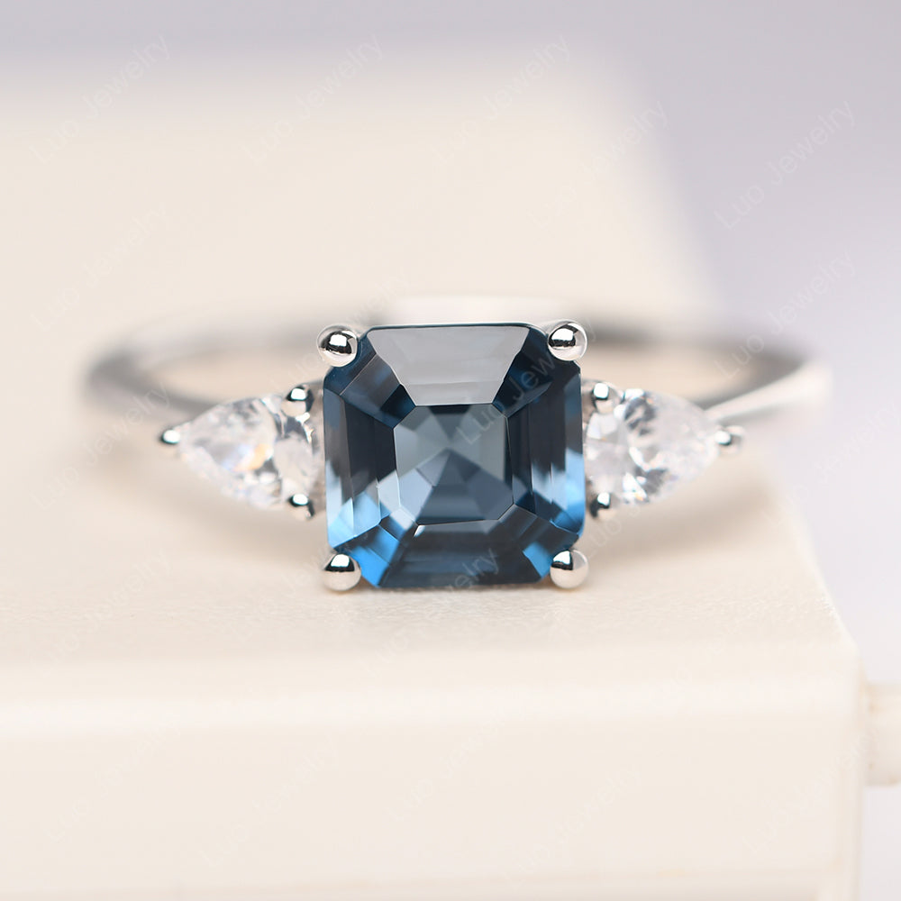 Asscher Cut London Blue Topaz Ring With Pear Side Stone - LUO Jewelry