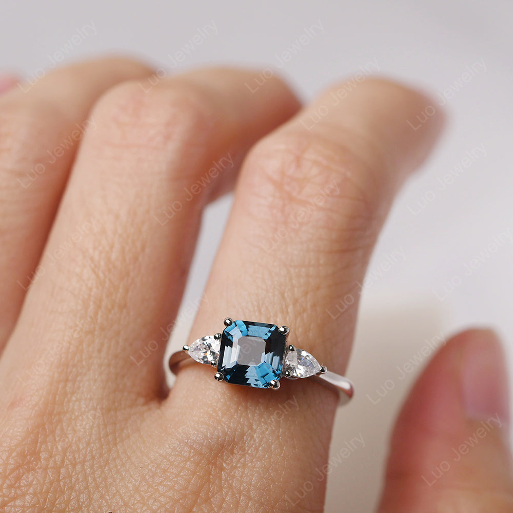 Asscher Cut London Blue Topaz Ring With Pear Side Stone - LUO Jewelry