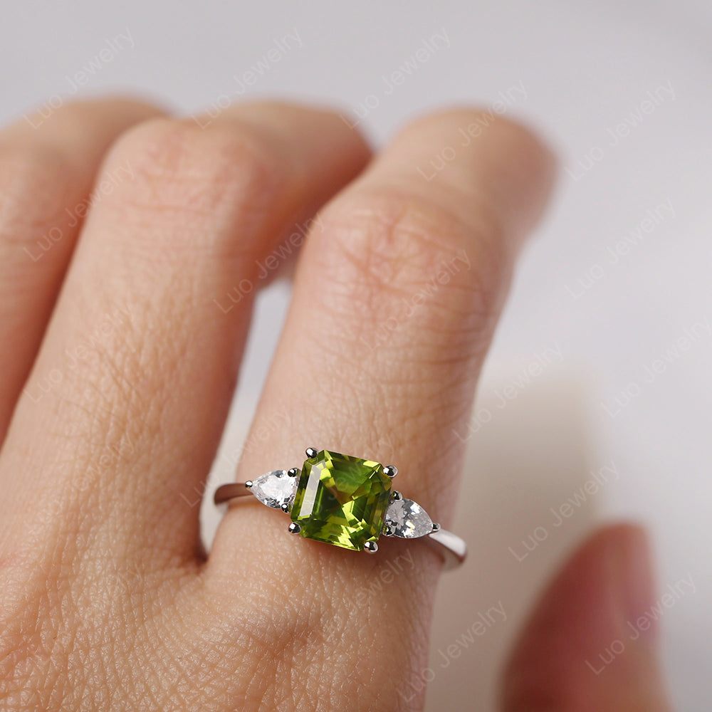 Asscher Cut Peridot Ring With Pear Side Stone - LUO Jewelry