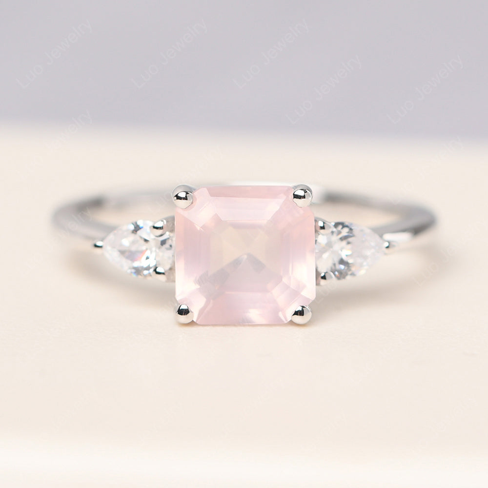 Asscher Cut Rose Quartz Ring With Pear Side Stone - LUO Jewelry