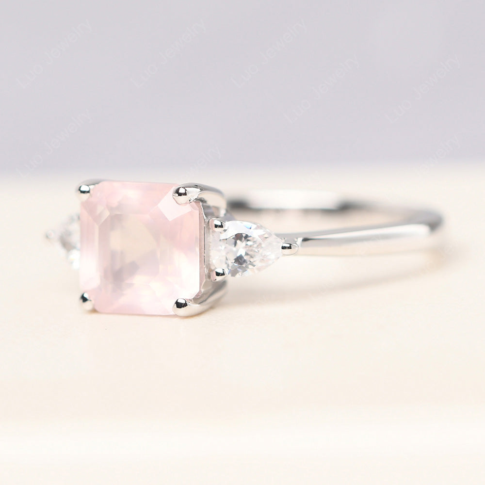 Asscher Cut Rose Quartz Ring With Pear Side Stone - LUO Jewelry