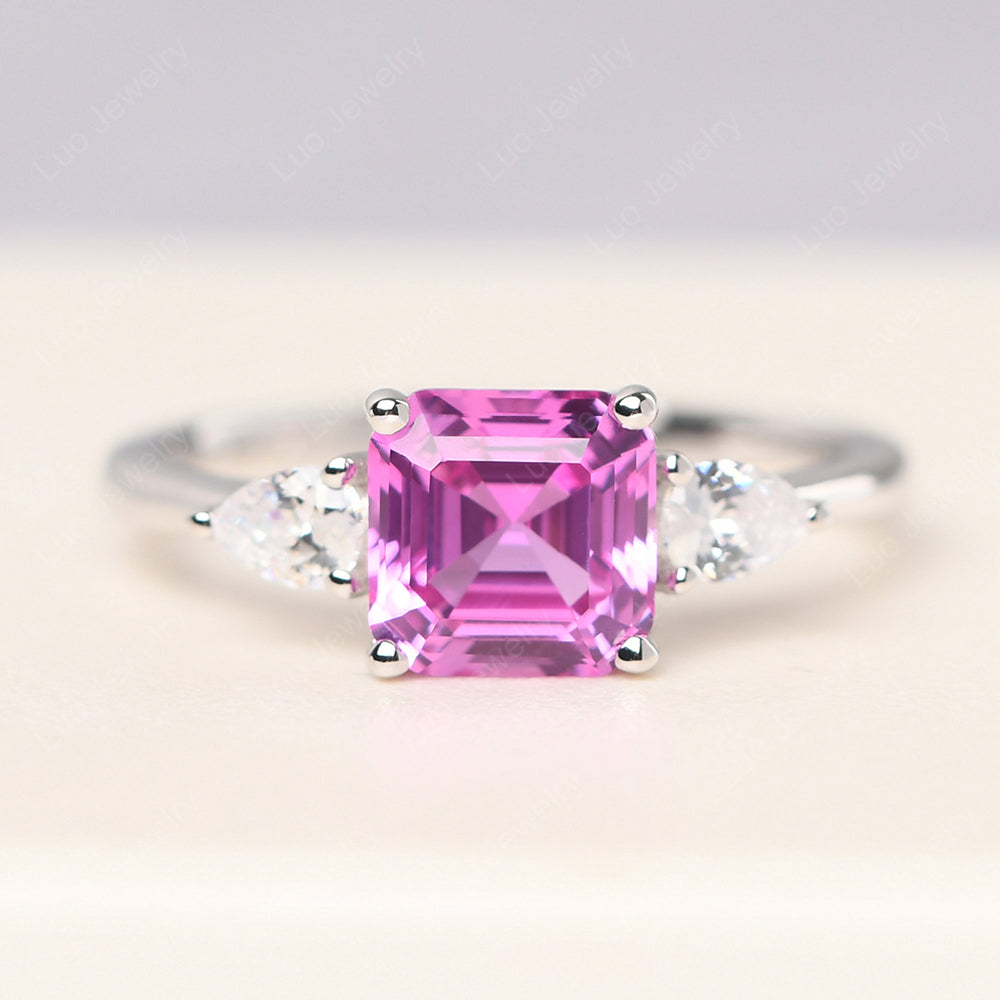 Asscher Cut Pink Sapphire Ring With Pear Side Stone - LUO Jewelry