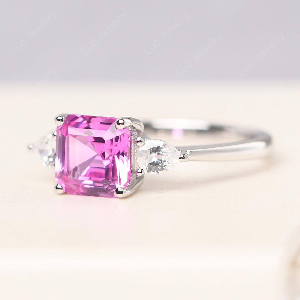 Asscher Cut Pink Sapphire Ring With Pear Side Stone - LUO Jewelry