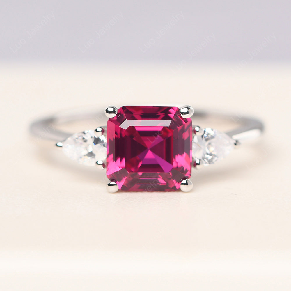 Asscher Cut Ruby Ring With Pear Side Stone - LUO Jewelry