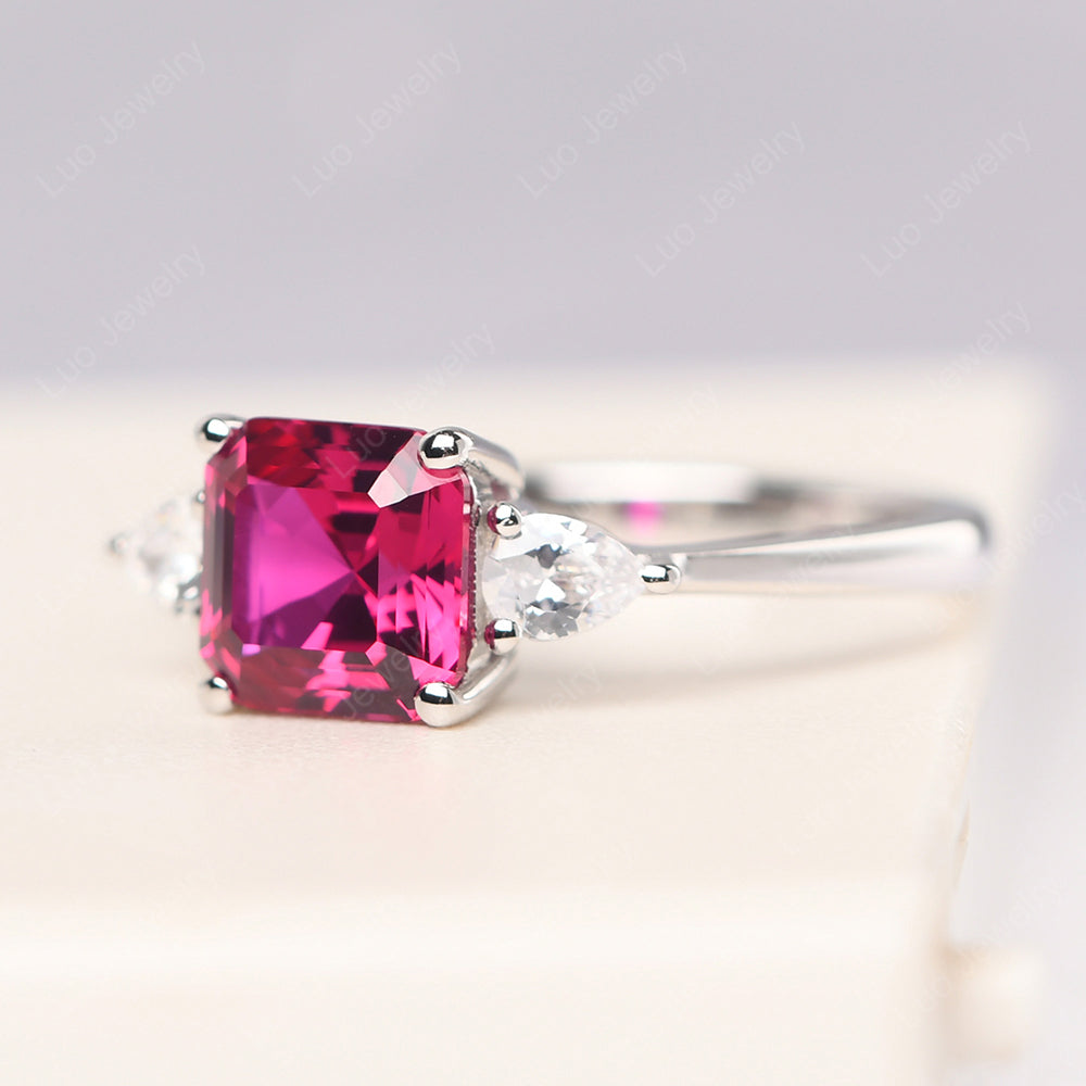 Asscher Cut Ruby Ring With Pear Side Stone - LUO Jewelry