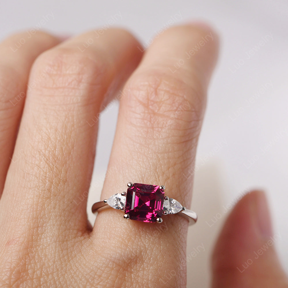 Asscher Cut Ruby Ring With Pear Side Stone - LUO Jewelry
