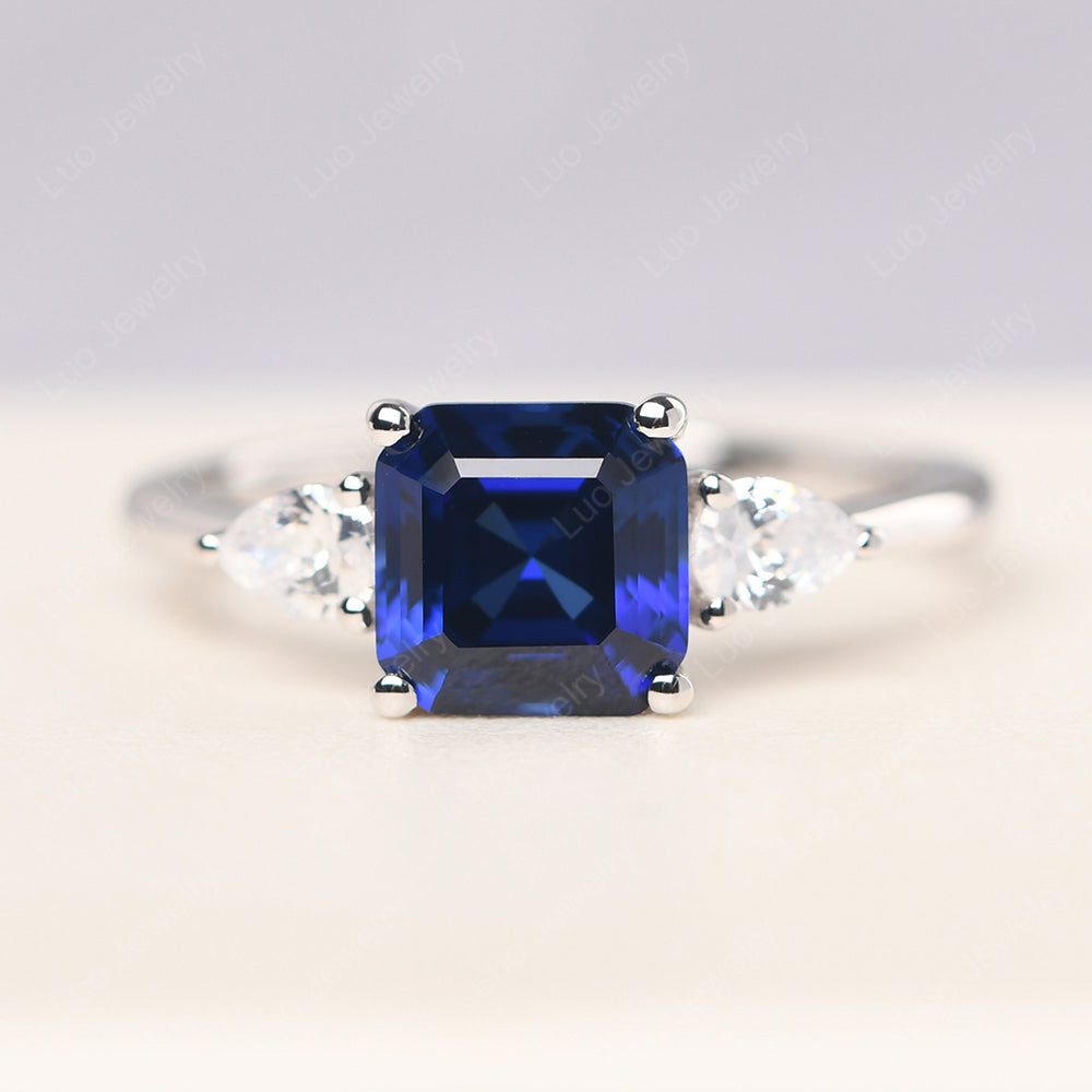 Asscher Cut Lab Sapphire Ring With Pear Side Stone - LUO Jewelry