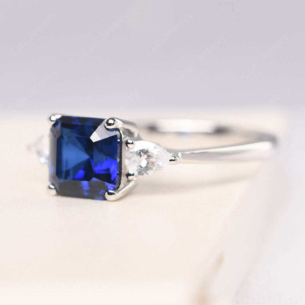 Asscher Cut Lab Sapphire Ring With Pear Side Stone - LUO Jewelry