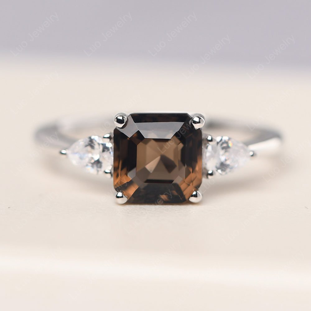 Asscher Cut Smoky Quartz  Ring With Pear Side Stone - LUO Jewelry