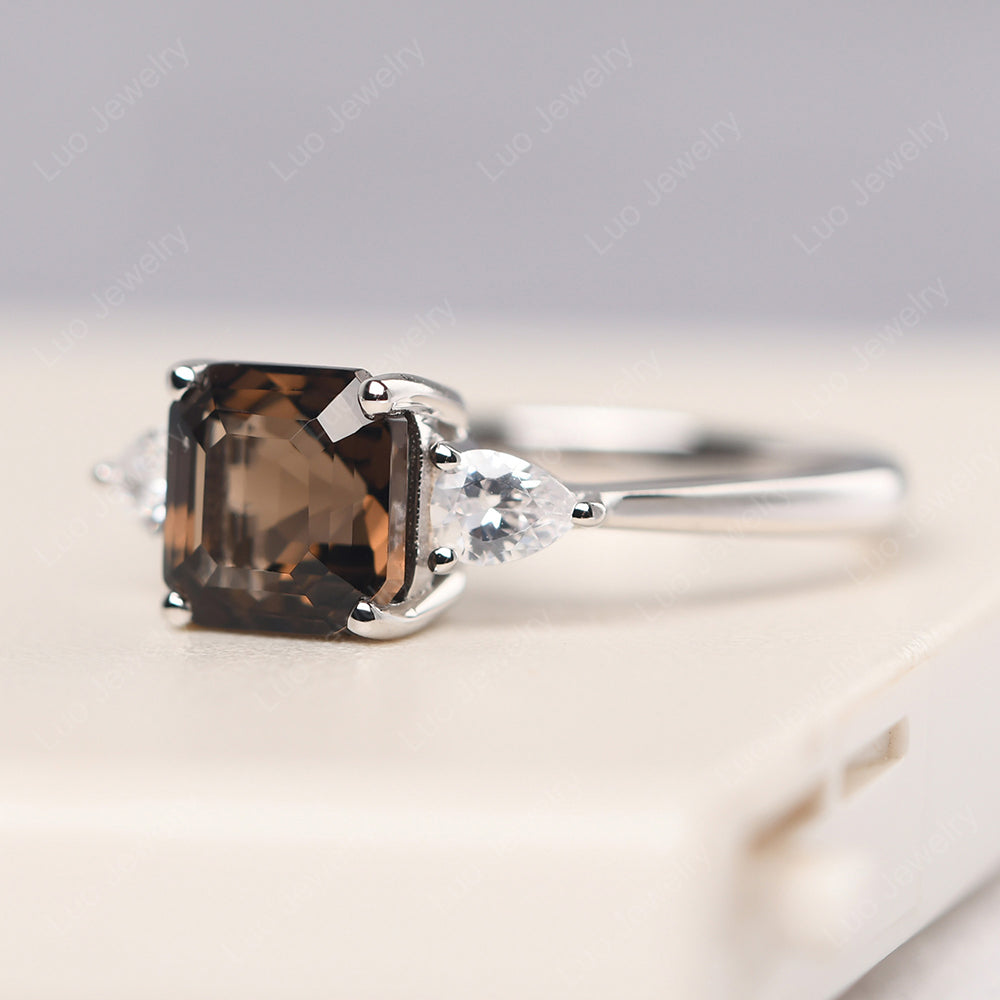 Asscher Cut Smoky Quartz  Ring With Pear Side Stone - LUO Jewelry