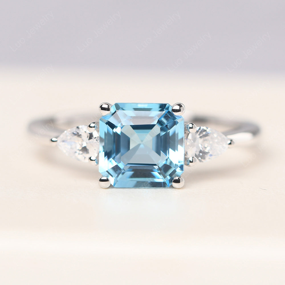 Asscher Cut Swiss Blue Topaz Ring With Pear Side Stone - LUO Jewelry