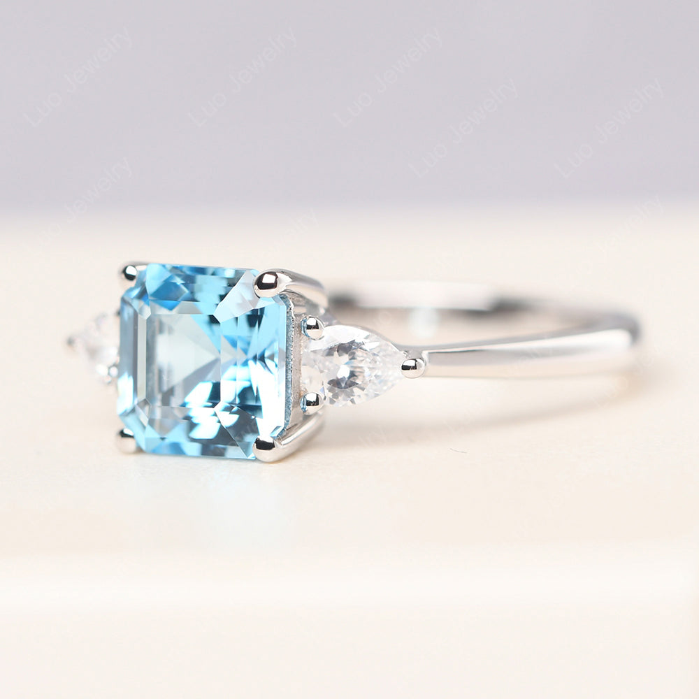 Asscher Cut Swiss Blue Topaz Ring With Pear Side Stone - LUO Jewelry