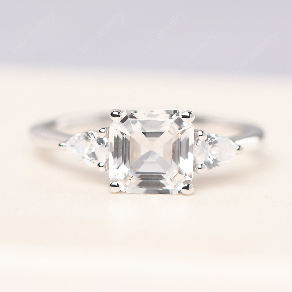 Asscher Cut White Topaz Ring With Pear Side Stone - LUO Jewelry